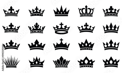 Collection of royal crown silhouettes set isolated on white background, king and queen imperial tiara icons for heraldry, luxury branding, monarchy emblem design