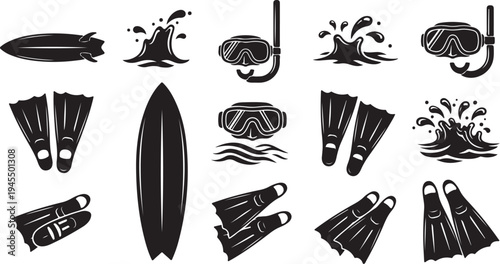 Surfing and Snorkeling Equipment Icons Set on White Background