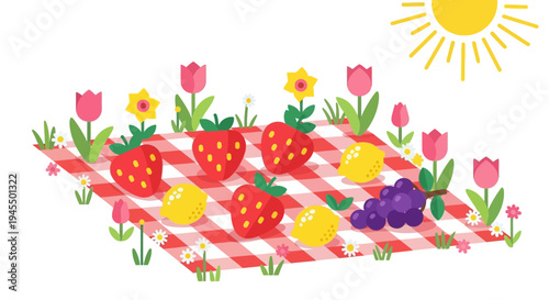 Spring Picnic Food with Fresh Fruits and Flowers on a Red Checkered Blanket, isolated white background.
