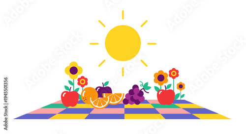 Colorful summer picnic with an assortment of fresh fruits and bright flowers on a vibrant checkered blanket under a shining sun, isolated white background.