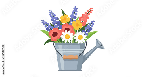 Charming galvanized watering can holding a delightful mix of red, yellow, and purple spring flowers, isolated white background.