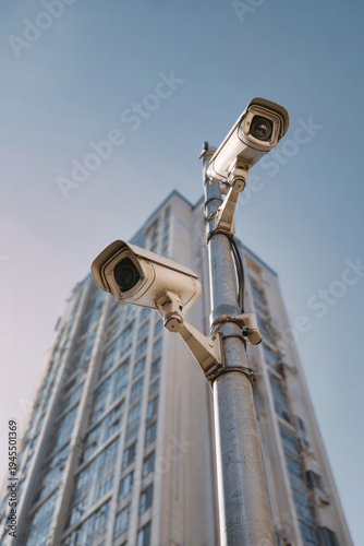 CCTV cameras and loudspeakers are mounted on a pole in front of an apartment building on a sunny summer day. The scene captures urban surveillance technology