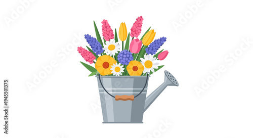 Elegant galvanized watering can filled with a stunning arrangement of pink, yellow, and blue spring flowers, isolated white background.