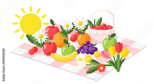 Delicious summer picnic with a basket of fresh fruits and colorful flowers on a checkered blanket, sunny outdoor setting, isolated white background.