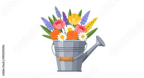 Galvanized metal watering can filled with a vibrant bouquet of colorful spring flowers, isolated white background.