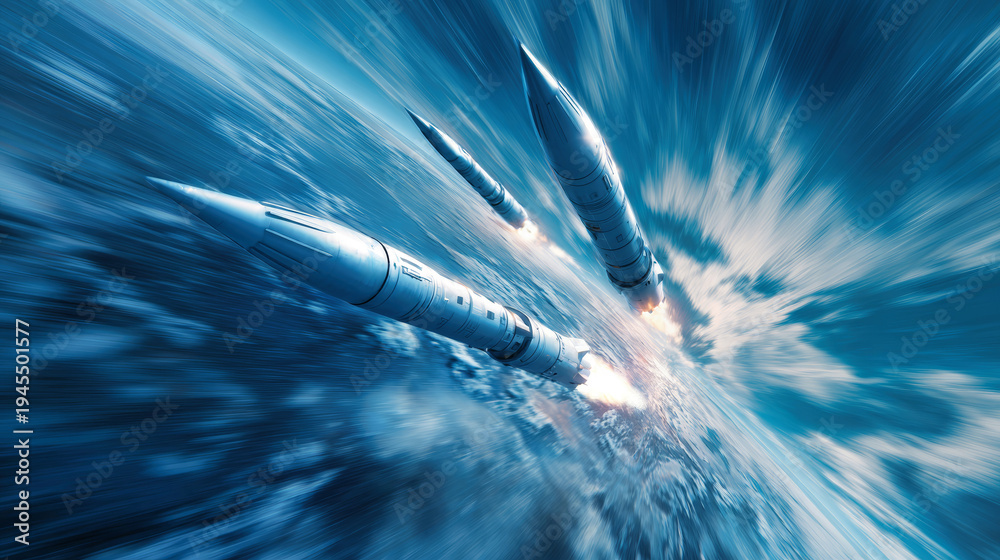 Fototapeta premium Nuclear missiles with blue and white designs move swiftly around a globe in a vibrant scene showing military might and speed during a dramatic moment