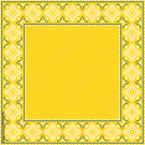 Square frame made of traditional Ukrainian embroidery pattern with yellow and blue cross stitch ornament on white background. Folk ethnic design inspiyellow by vyshyvanka, perfect for borders