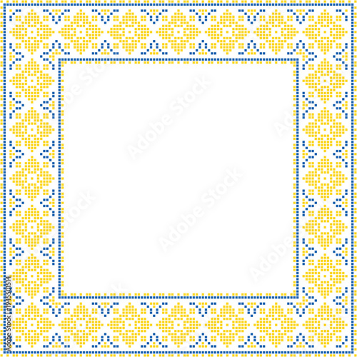 Square frame made of traditional Ukrainian embroidery pattern with yellow and blue cross stitch ornament on white background. Folk ethnic design inspiyellow by vyshyvanka, perfect for borders