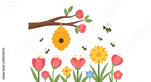 Lively scene with a cute beehive on a tree branch, surrounded by busy bees and a vibrant flower bed of tulips and sunflowers, on an isolated white background.
