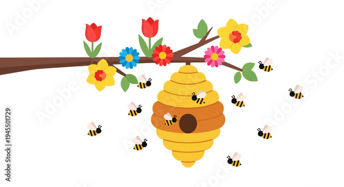 Cartoon beehive full of busy flying bees hanging from a tree branch adorned with red and yellow blossoms, on an isolated white background.