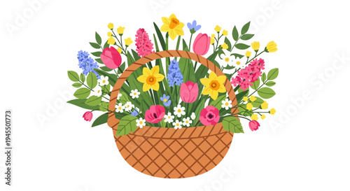 Abundant wicker basket brimming with a vibrant assortment of spring flowers, including pink tulips, yellow daffodils, and blue hyacinths, on an isolated white background.