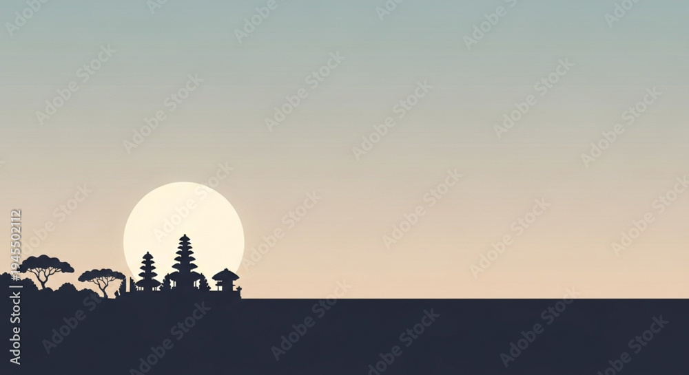 Obraz premium Serene Sunset Over a Tropical Island Silhouette with Ancient Temple Structures