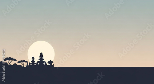 Serene Sunset Over a Tropical Island Silhouette with Ancient Temple Structures