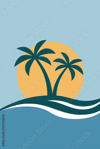 Dibujo sencillo de un paisaje con isla con la palma, sol, olas de mar y un fondo de cielo