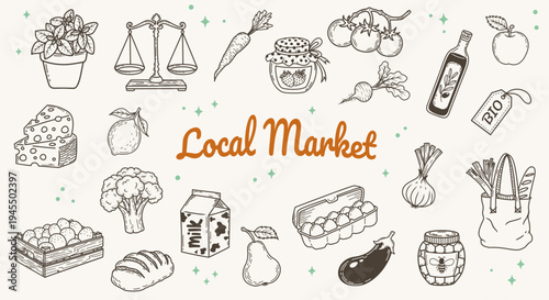 Farm to table local market doodle icons set, organic food hand drawn sketches, eco friendly grocery vector elements.