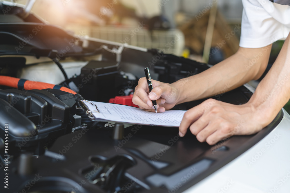 Obraz premium Auto check up and car service shop concept. Mechanic writing job checklist to clipboard to estimate repair quotation to client at workshop garage.