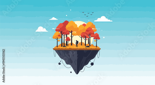 Vector illustration of floating island with autumn trees