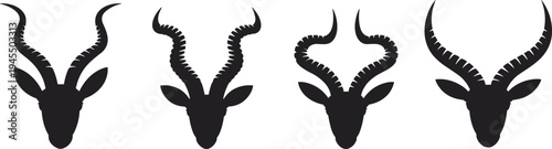 Antelope head silhouettes, horn variations, wildlife icons, animal vector illustration, African species, nature concept, hunting symbol, black design, zoology art