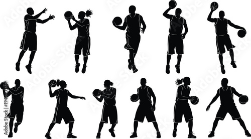 Basketball player silhouettes collection featuring dribbling, passing and shooting actions, professional sport athlete vector illustration set isolated on white background