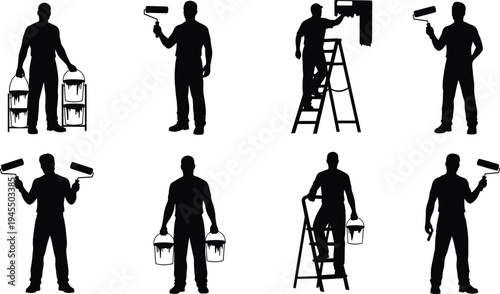 House painter worker silhouette set cad drawing flat vector illustration featuring men with rollers buckets and ladders for home renovation.