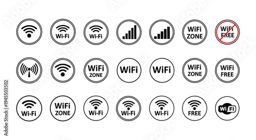 Collection of various black and white vector graphic icons representing wireless internet access and signal strength