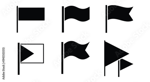 Collection of six black silhouette vector graphic icons representing various flag shapes mounted on poles