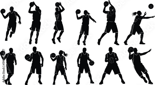 Basketball player silhouettes collection featuring dribbling, shooting and passing actions, professional sport athlete vector illustration set isolated on white background