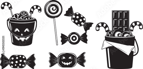 Halloween candy and treats in black and white illustration
