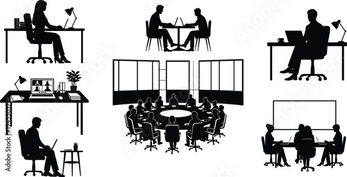 Office workspace and meeting silhouette set cad drawing flat vector illustration featuring people working on laptops and corporate conference room isolated.
