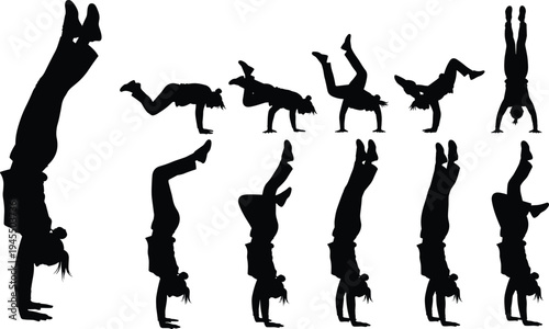 Breakdance dancer silhouettes collection featuring handstand, freeze and street dance moves, hip hop dance vector illustration set isolated on white background