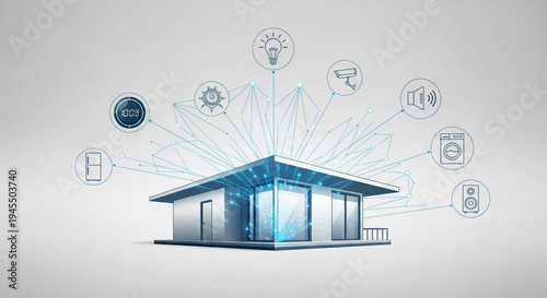 Smart home technology illustration with connected devices radiating from a futuristic house