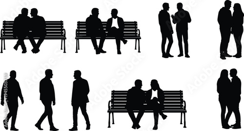 People sitting on park bench silhouette set cad drawing flat vector illustration featuring men and women talking and walking isolated.