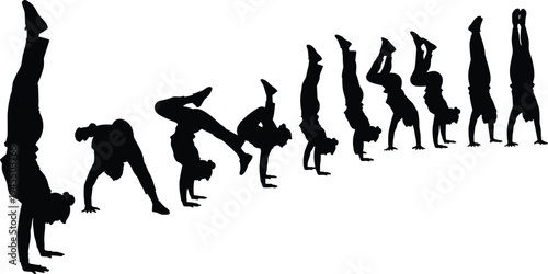 Breakdance handstand silhouettes collection featuring dynamic hip hop dancer moves, acrobatic street dance action poses vector illustration set isolated on white background