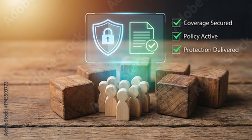 Wooden blocks with figures and shield icon for security protection and insurance concept on wooden table