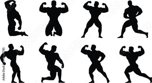 Bodybuilding silhouettes, muscular poses, fitness icons, strength training illustration, athlete flexing, competition stance, gym artwork, black vector design, physique showcase