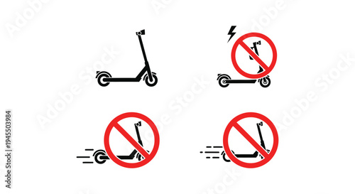 Illustrative vector graphic icons depicting electric scooter transportation, charging, speed, and parking prohibitions.