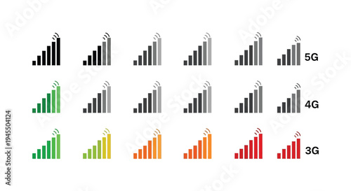 Collection of vector graphic icons illustrating mobile network signal strength levels for 3G, 4G, and 5G connections