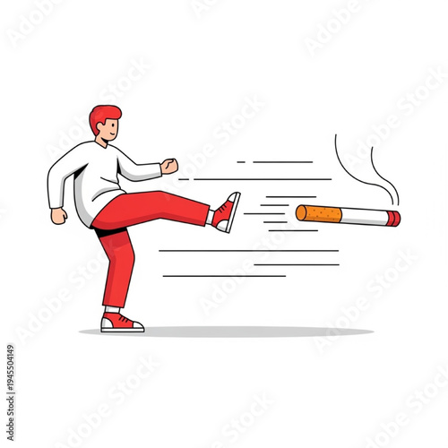 Anti-Smoking Vector Illustration, Person Kicking Cigarette, Minimalist Flat Design, Health Awareness