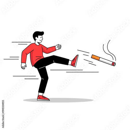 Anti-Smoking Vector Illustration, Person Kicking Cigarette, Minimalist Flat Design, Health Awareness