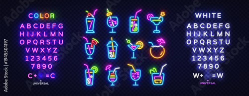Neon cocktail icon set with colorful alphabet and numbers. Glowing drink symbols in bright style on transparent background. Ideal for bar menu design
