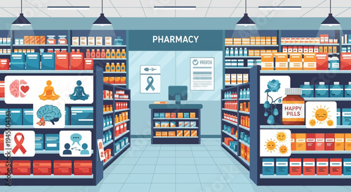 People buying medicine in a pharmacy store with shelves and products