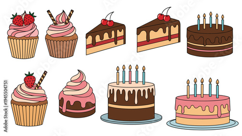 Sweets and bakery collection featuring frosted cupcakes chocolate cake slices and tiered birthday cakes with candles.