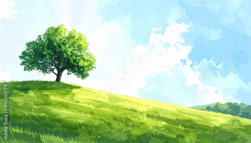 Peinture de paysage représentant un arbre debout dans un pré