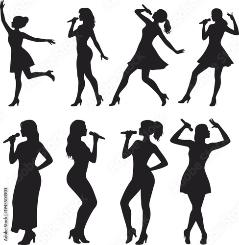 Female singer silhouette vector set with microphone performing poses, woman vocalist concert performance collection isolated on white background