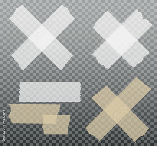 Scotch tape. Sticky paper tape. Adhesive Transparent sticky stripe. Sticker for collage, fixing photo notes. Vector