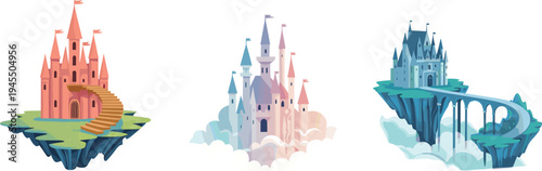 Vector illustration of three fantasy castles on floating islands and clouds, magical architecture with spires, flags, whimsical design for storytelling, gaming, fairytale, and imaginative themes.