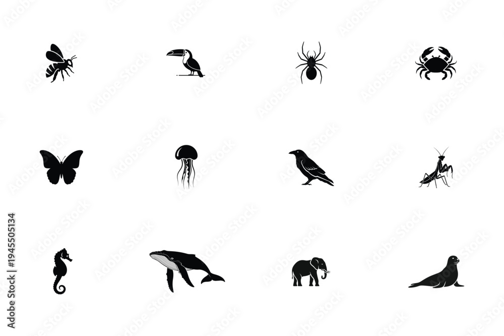 Fototapeta premium Black silhouettes of diverse animals including insects birds and marine life