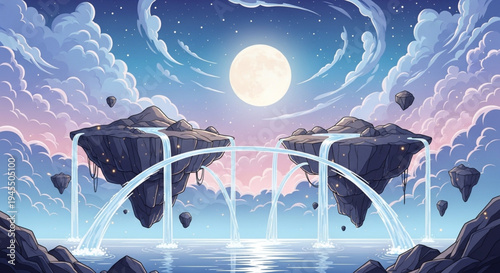 Dreamlike Celestial Oasis Floating Islands with Sparkling Waterfalls and a Full Moon Reflected in a Tranquil Lake at Night