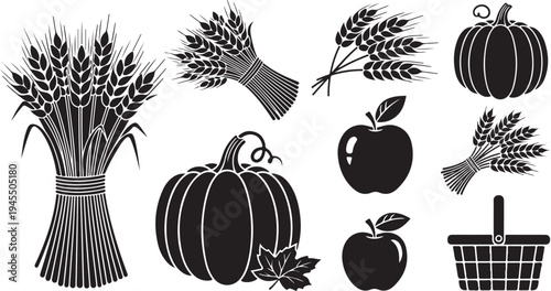 Autumn harvest icons including wheat, pumpkins, and apples