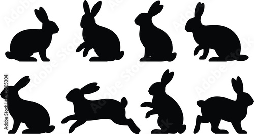 Rabbit silhouettes, animal poses, bunny icons, wildlife vector illustration, nature concept, leaping rabbits, crouching design, sitting stance, black artwork, zoology